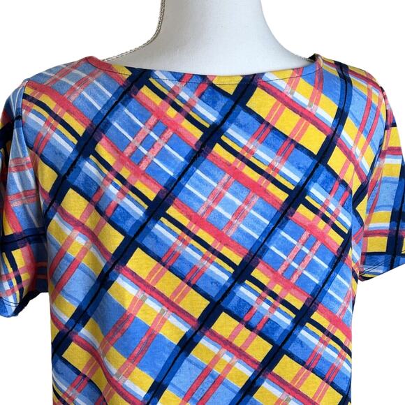 Rafaella Women Top Size L Large Blue Yellow Plaid Eyelet Collar Short Sleeve - Picture 5 of 9